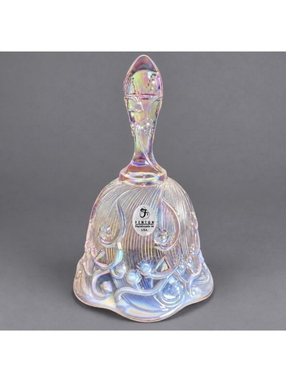Vintage FENTON Pink Opalescent Lily of the Valley Art Glass Bell with Sticker